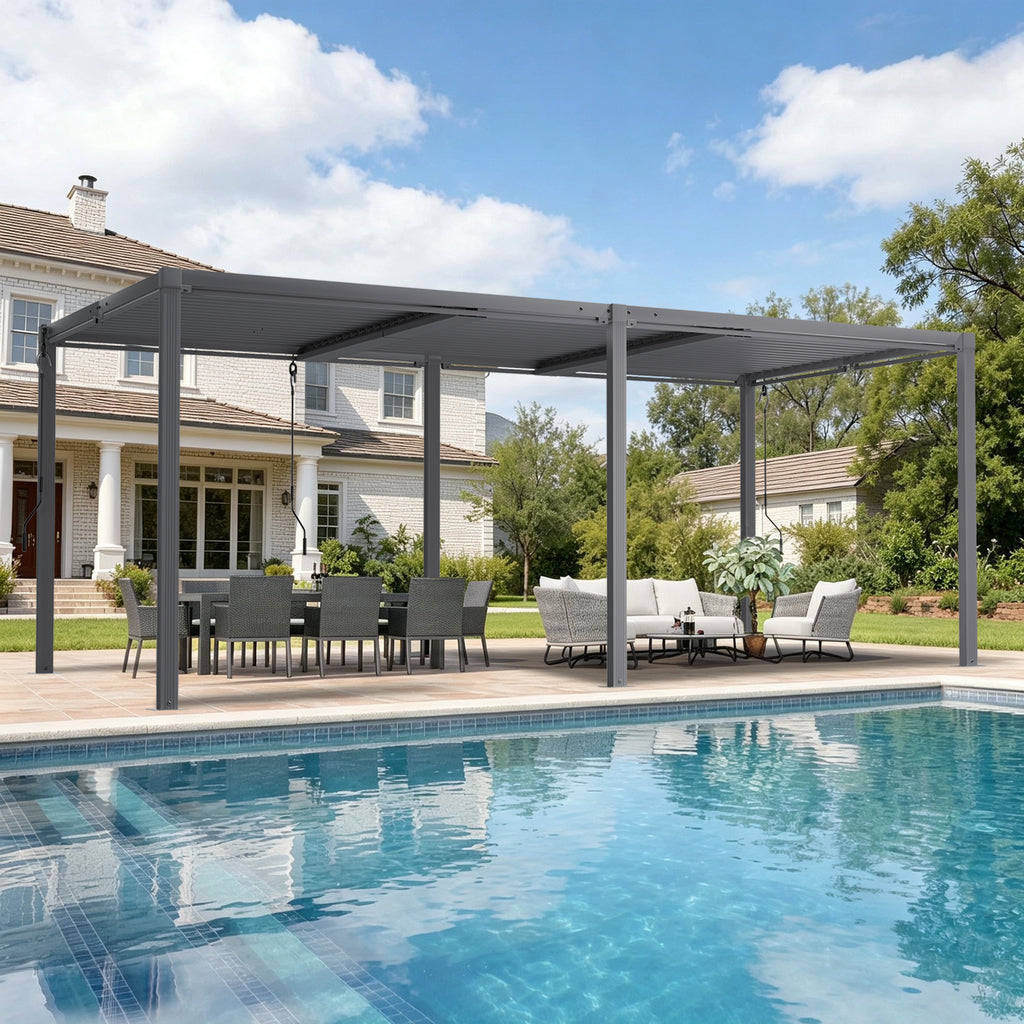 Louvered Pergola 12' x 20', Outdoor Aluminum Pergola with Reinforced Steel Roof, Heavy-Duty Hardtop Gazebo for Patio Deck, Weatherproof Sun Shade Shelter, Grey