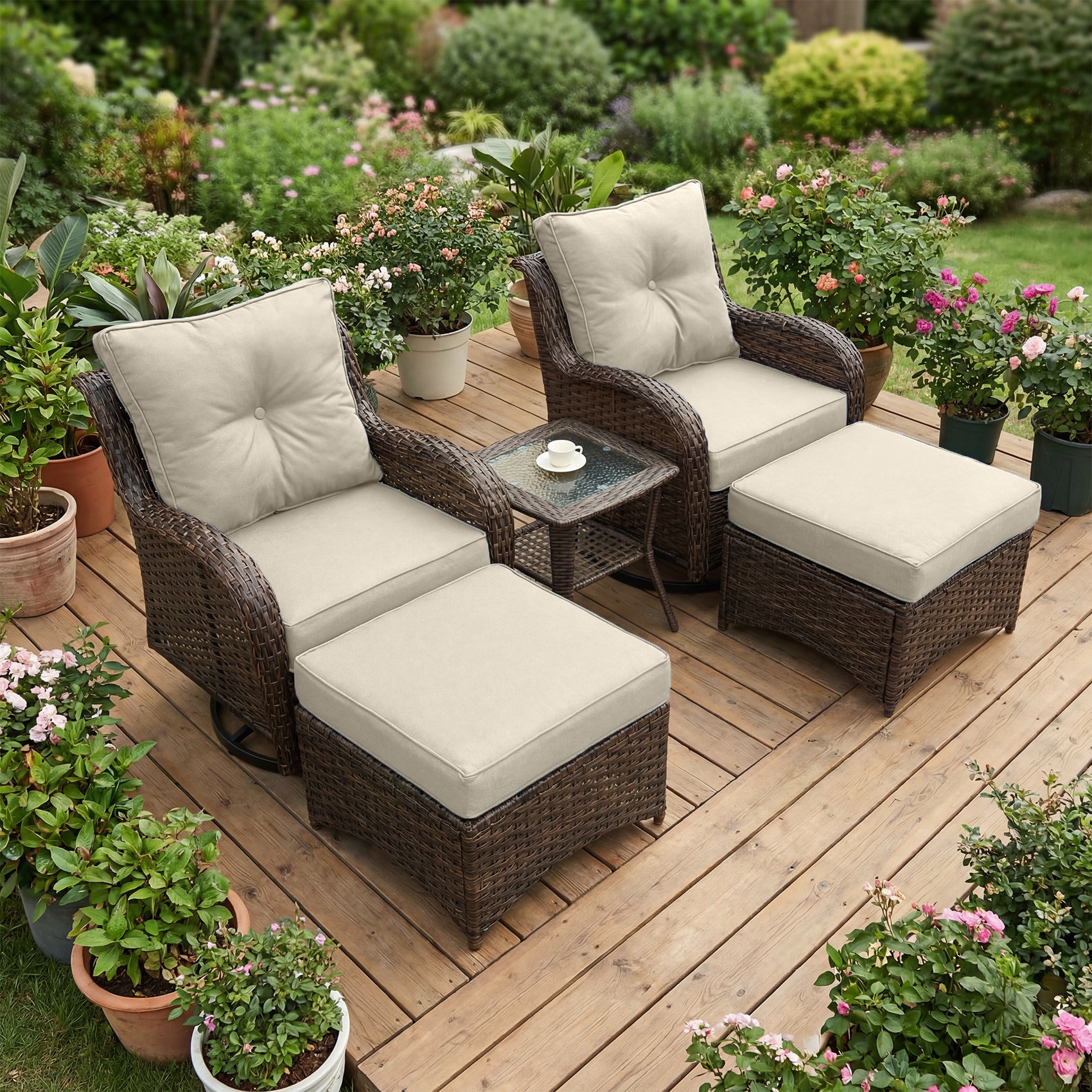 FREESKY Outdoor Patio Furniture Set, Heavy Duty Wicker Conversation Set with 6" Thick Cushions, All-Weather PE Rattan Swivel Rocker Chairs for Backyard, Porch, Poolside