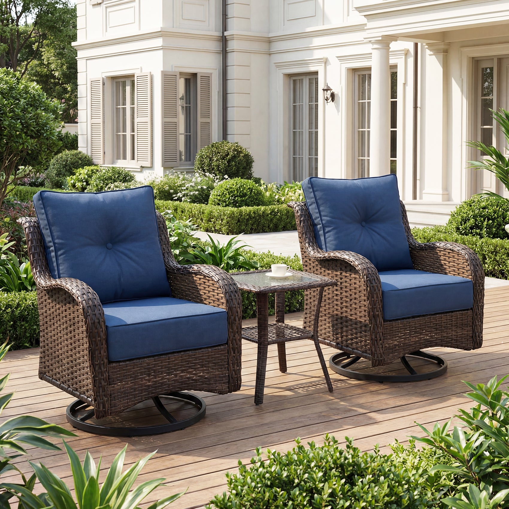 FREESKY Outdoor Patio Furniture Set, Heavy Duty Wicker Conversation Set with 6" Thick Cushions, All-Weather PE Rattan Swivel Rocker Chairs for Backyard, Porch, Poolside