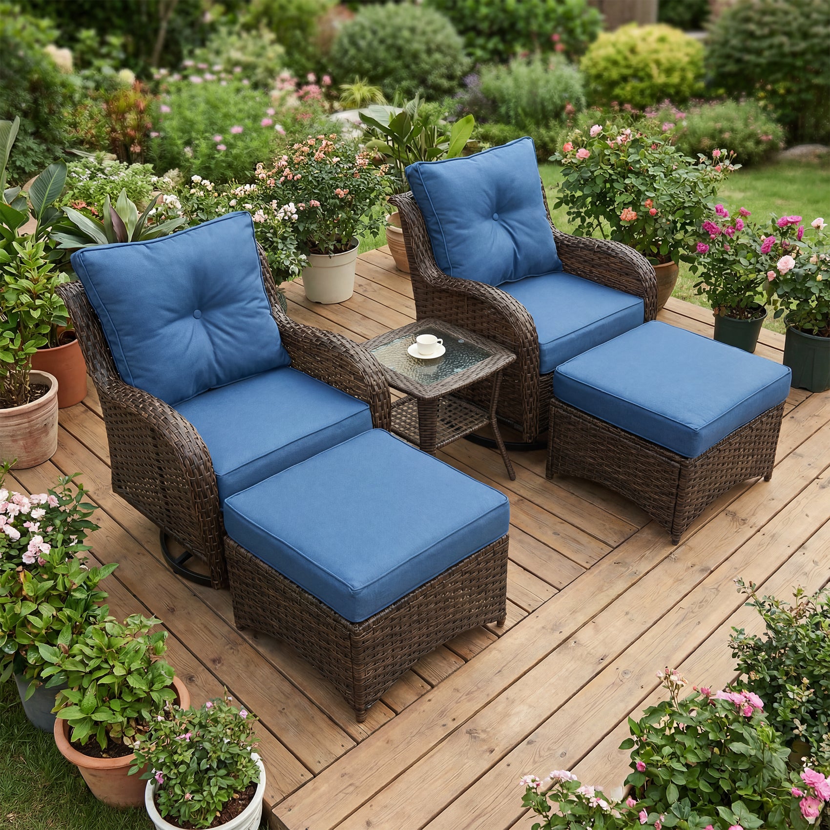 FREESKY Outdoor Patio Furniture Set, Heavy Duty Wicker Conversation Set with 6" Thick Cushions, All-Weather PE Rattan Swivel Rocker Chairs for Backyard, Porch, Poolside