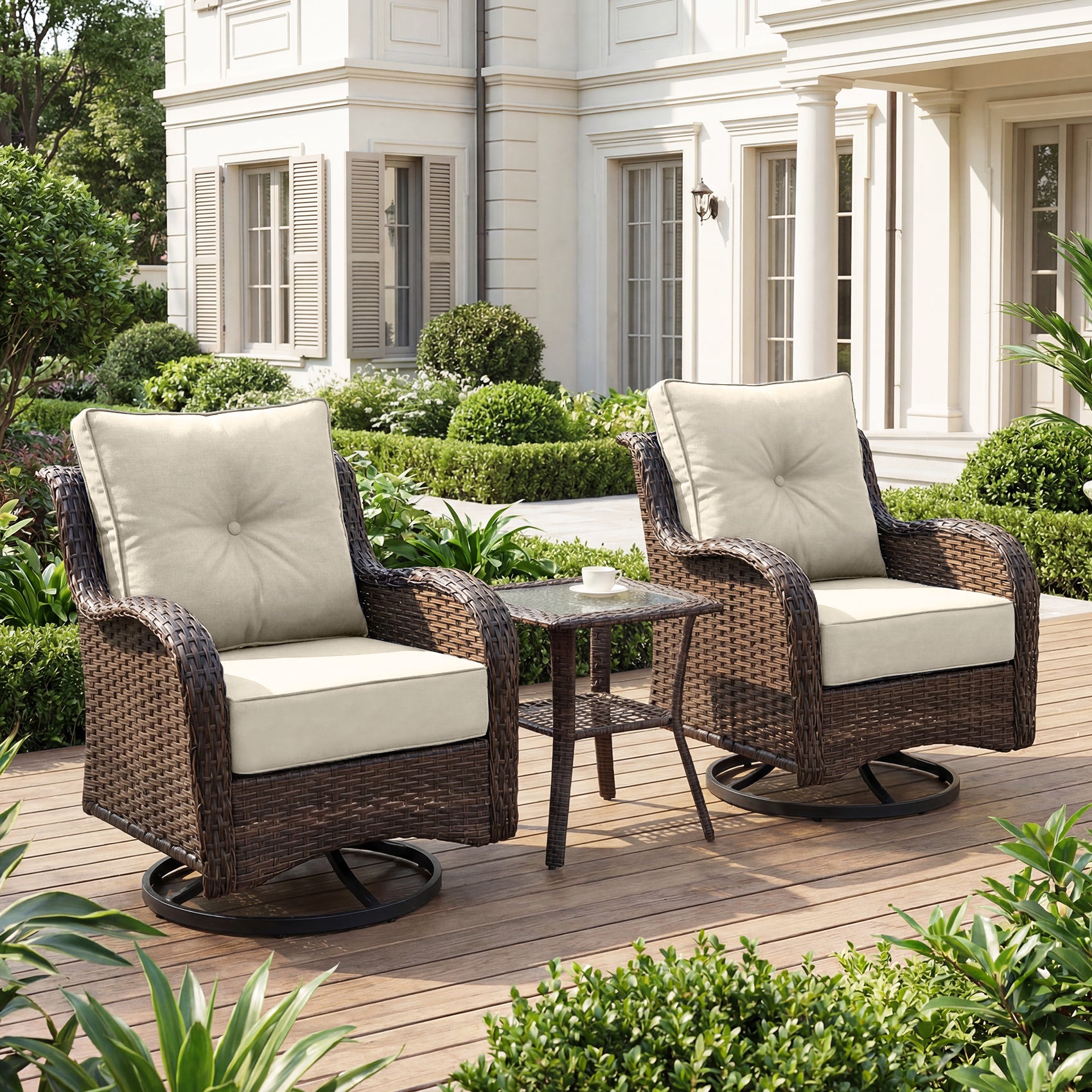 FREESKY Outdoor Patio Furniture Set, Heavy Duty Wicker Conversation Set with 6" Thick Cushions, All-Weather PE Rattan Swivel Rocker Chairs for Backyard, Porch, Poolside