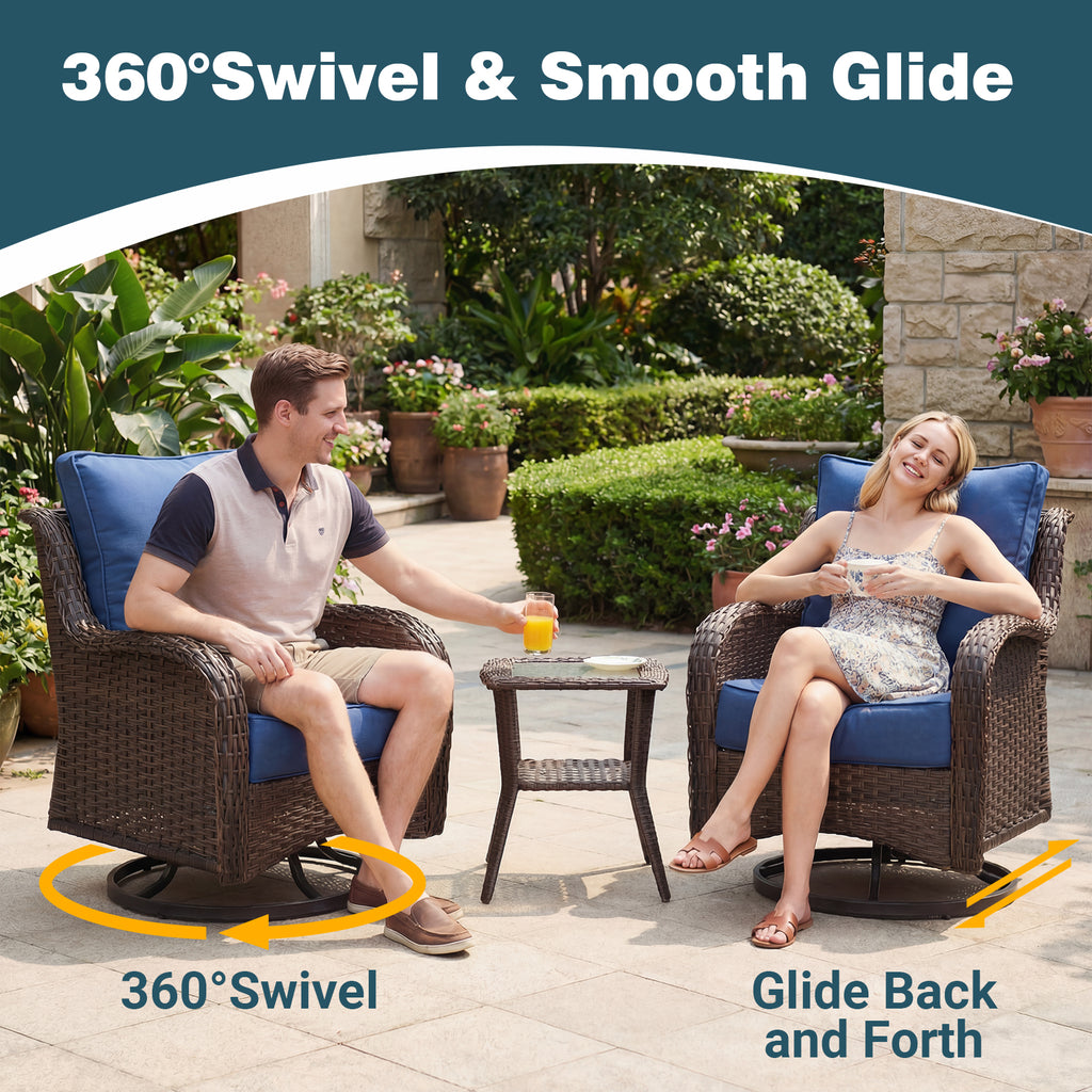 FREESKY Outdoor Patio Furniture Set, Heavy Duty Wicker Conversation Set with 6" Thick Cushions, All-Weather PE Rattan Swivel Rocker Chairs for Backyard, Porch, Poolside