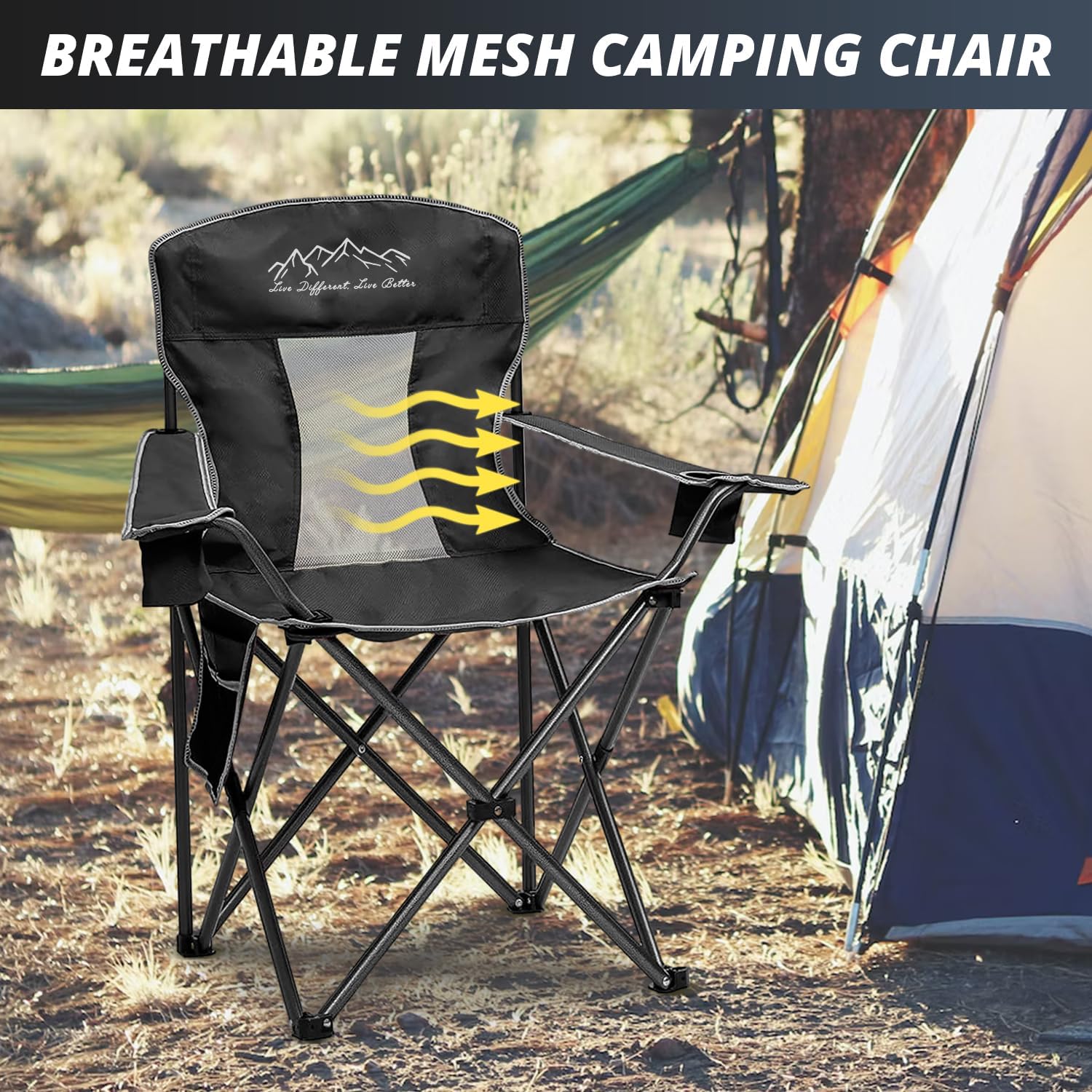 Freesky Mesh Folding Camping Chairs, Oversized Portable Outdoor Chairs, Weight Capacity 325 lbs with Cup Holder, Storage Pocket, Carry Bag