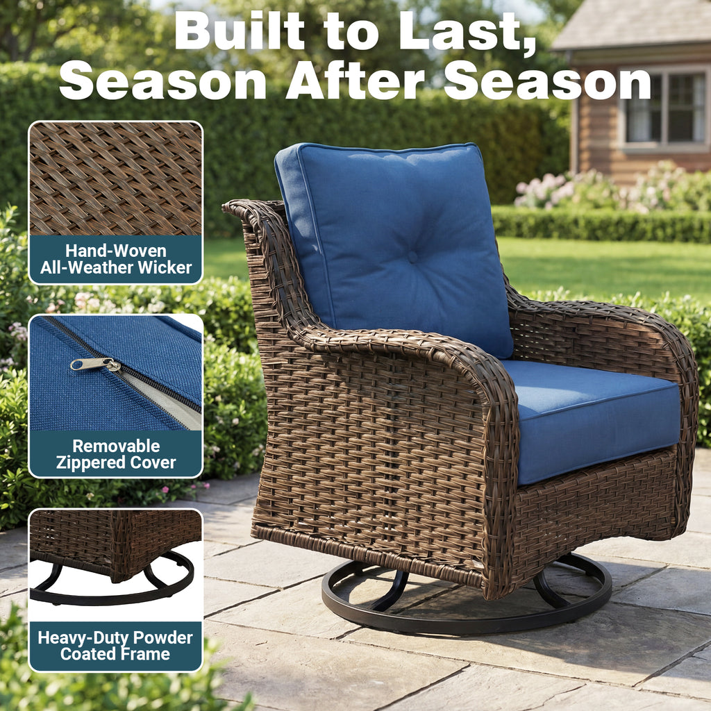 FREESKY Outdoor Patio Furniture Set, Heavy Duty Wicker Conversation Set with 6" Thick Cushions, All-Weather PE Rattan Swivel Rocker Chairs for Backyard, Porch, Poolside