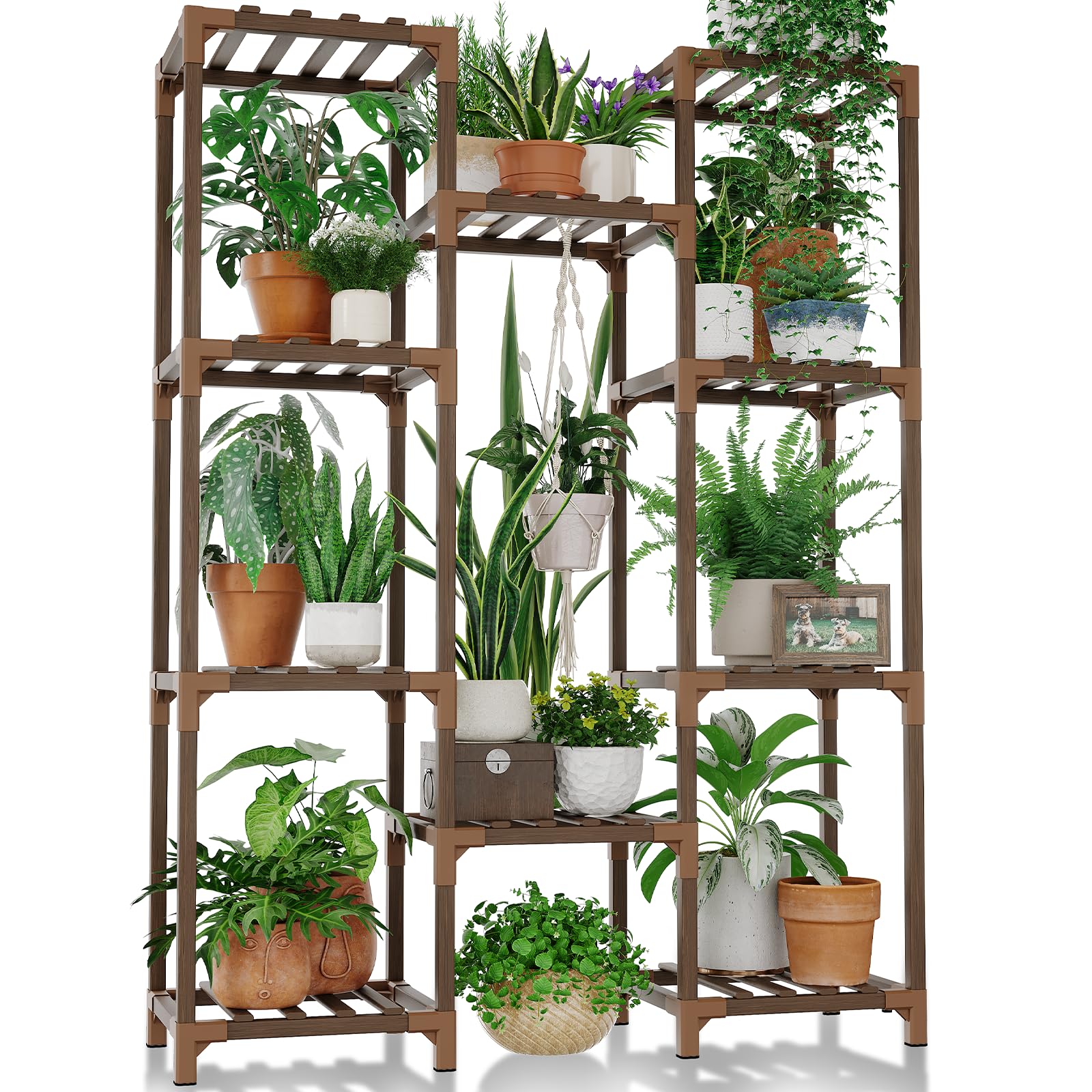TEISURE Bamworld Plant Stand Indoor Outdoor Tall Plant Shelf for Multiple Plants Pots Wood Flower Stand Large Flower Holder for Living Room, Patio, Balcony, Garden Decor, Brown