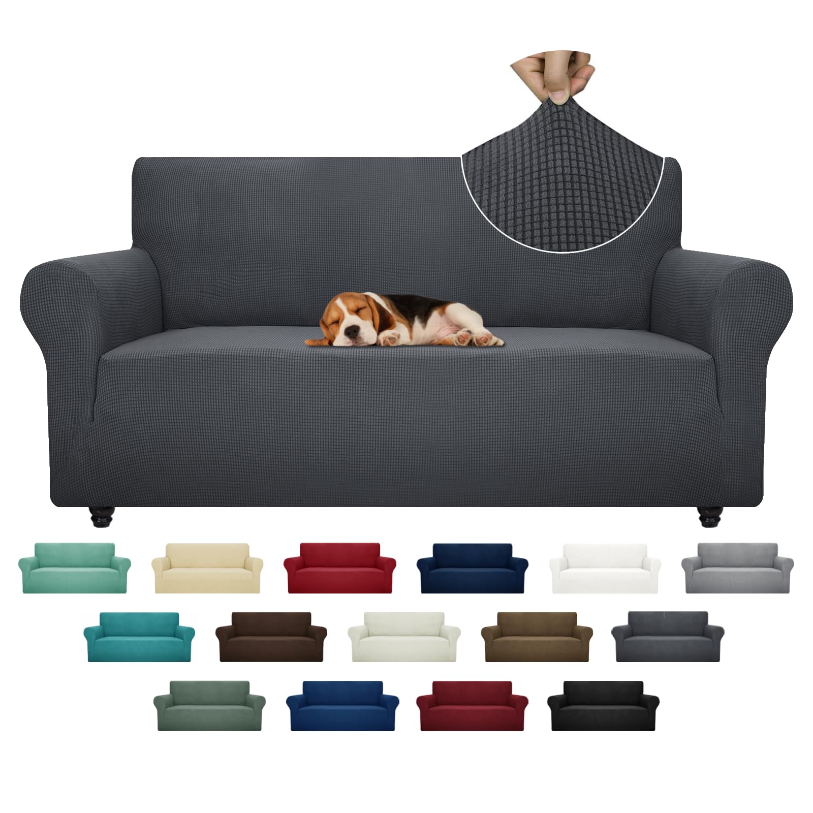 TEISURE Super Stretch Couch Cover (72"-92") Universal Sofa Covers with Elastic Bottom, Dog Cat Pets Friendly Washable Furniture Protector Fitted Sofa Slipcovers Stay in Place (Dark Grey, Sofa)
