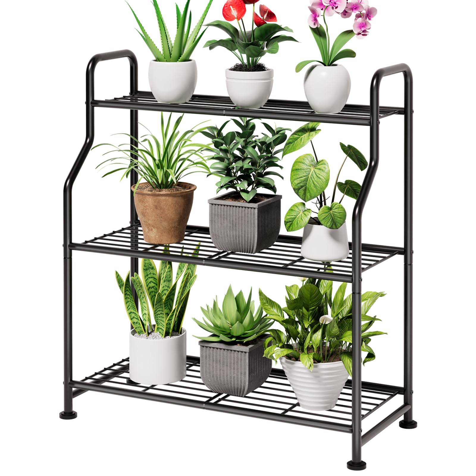 ADRERIC Plant Stand Indoor & Outdoor - 3-Tier Metal Plant Shelf with Adjustable Leveling Feet