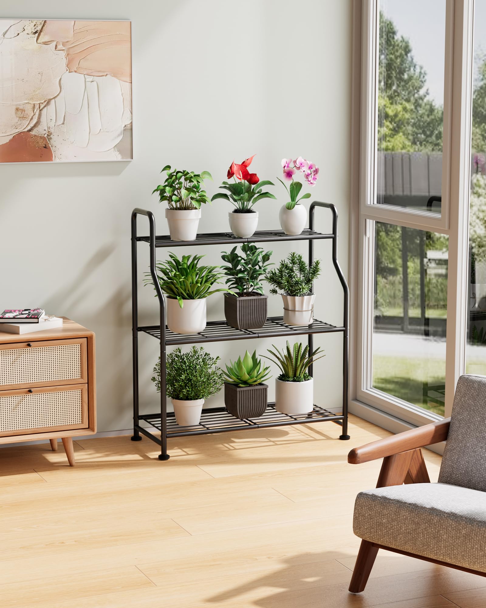ADRERIC Plant Stand Indoor & Outdoor - 3-Tier Metal Plant Shelf with Adjustable Leveling Feet