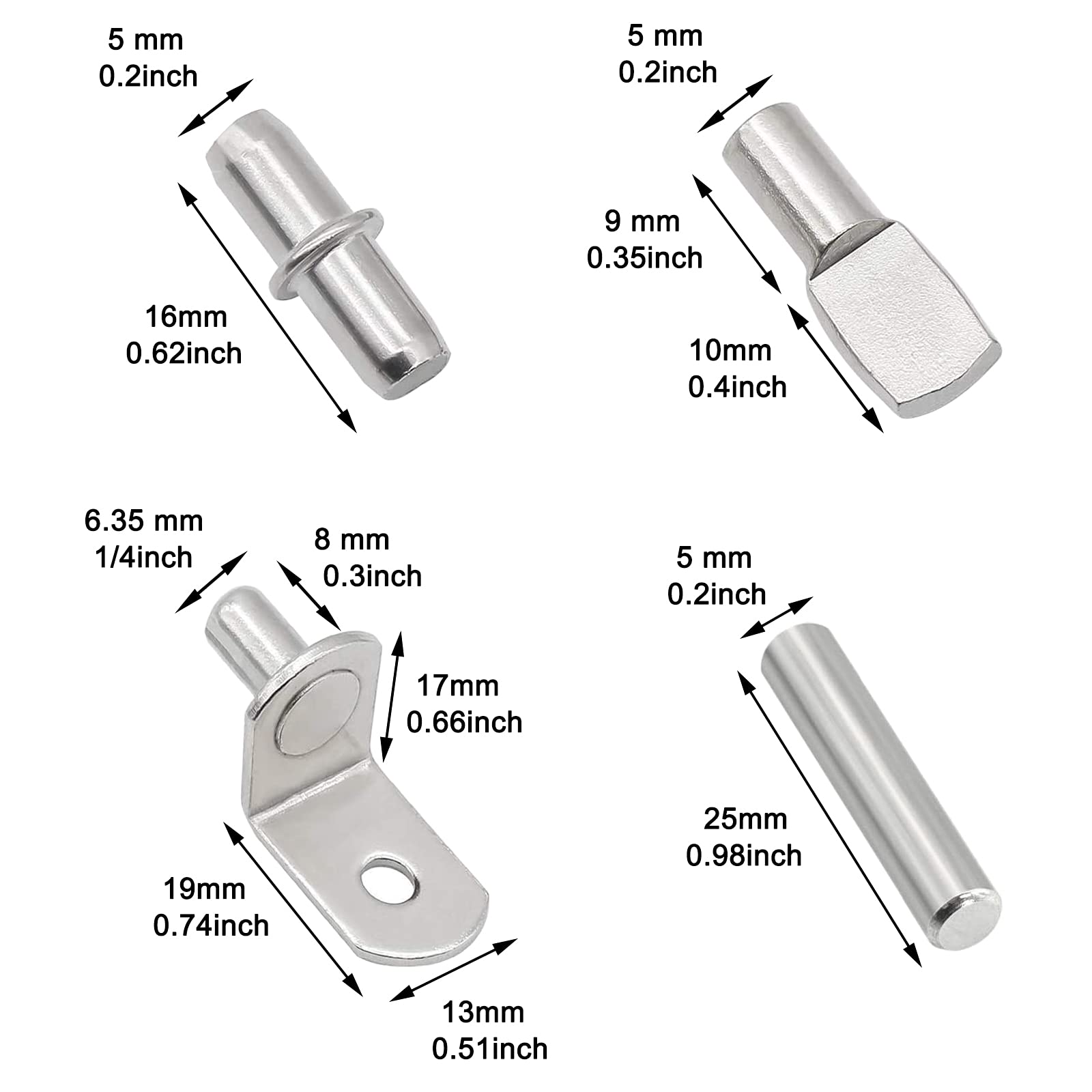 ADRERIC 104Pcs Shelf Pins Kit,4 Styles Nickel Plated Shelf Support Pegs,Bookshelf Pegs for Shelves