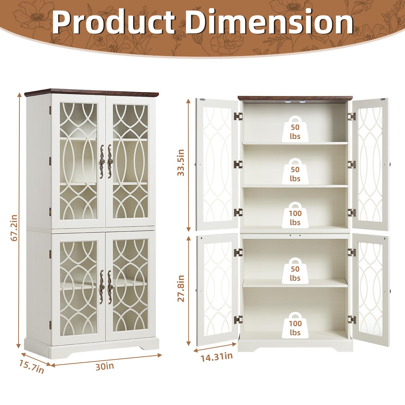 TEISURE 67" Tall Pantry Cabinet, Vintage Kitchen Pantries Cabinets with Glass Doors & Adjustable Shelves, Freestanding Wood Cupboard with Large Storage for Dingning Room,Bathroom,Antique White