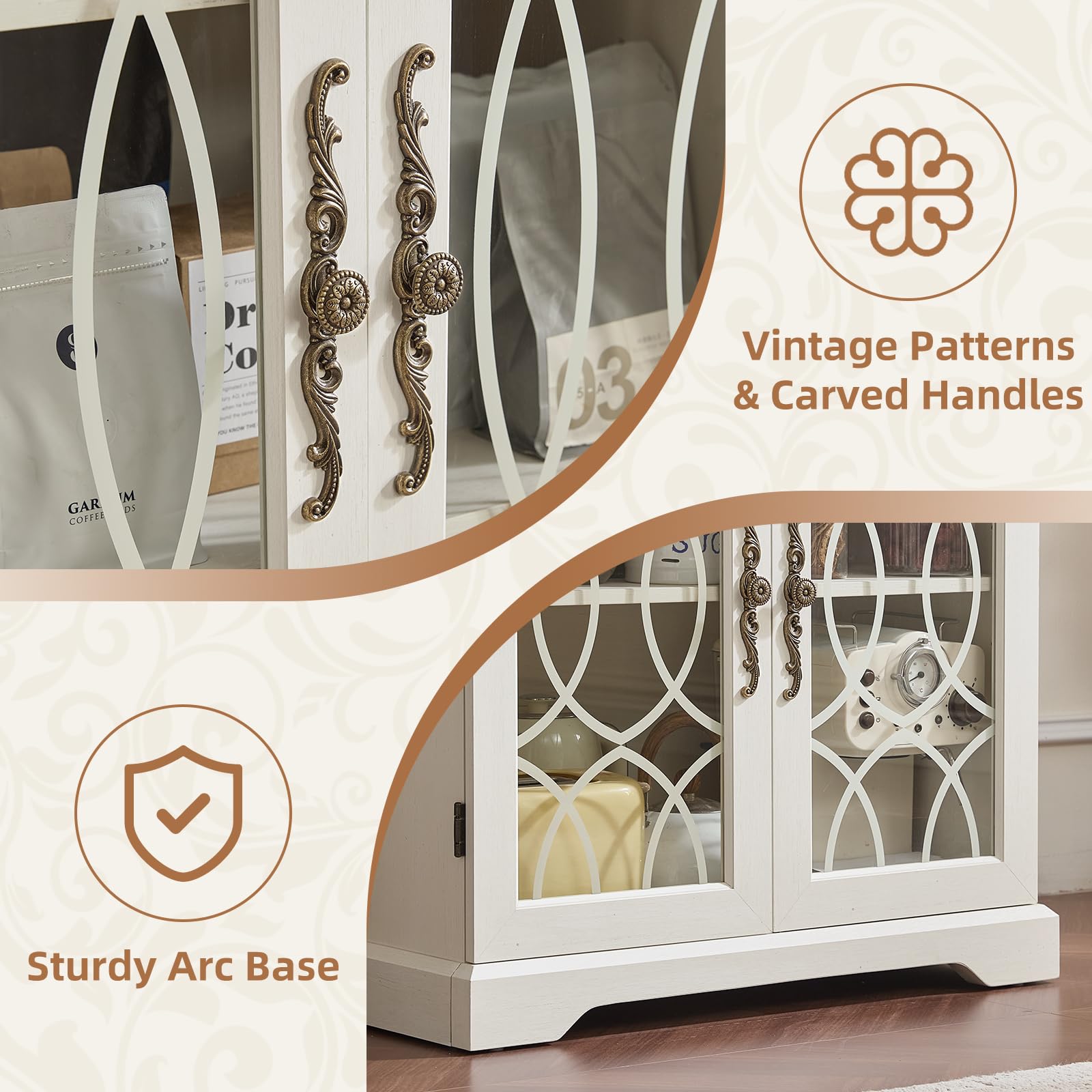 TEISURE 67" Tall Pantry Cabinet, Vintage Kitchen Pantries Cabinets with Glass Doors & Adjustable Shelves, Freestanding Wood Cupboard with Large Storage for Dingning Room,Bathroom,Antique White