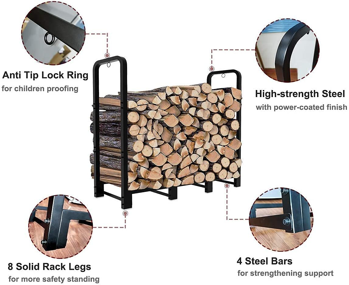 TEISURE Firewood Rack Stand 4ft Heavy Duty Logs Holder for Outdoor Indoor Fireplace Metal Wood Pile Storage Stacker Organizer