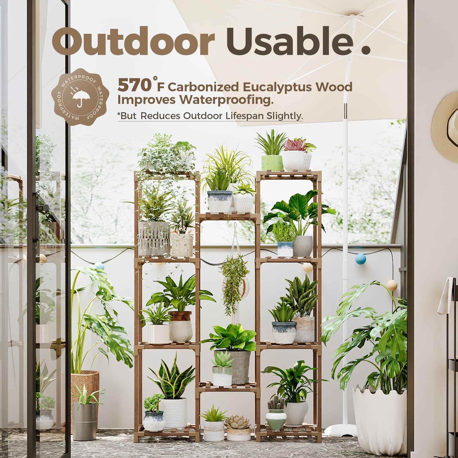 TEISURE Bamworld Plant Stand Indoor Outdoor Tall Plant Shelf for Multiple Plants Pots Wood Flower Stand Large Flower Holder for Living Room, Patio, Balcony, Garden Decor, Brown