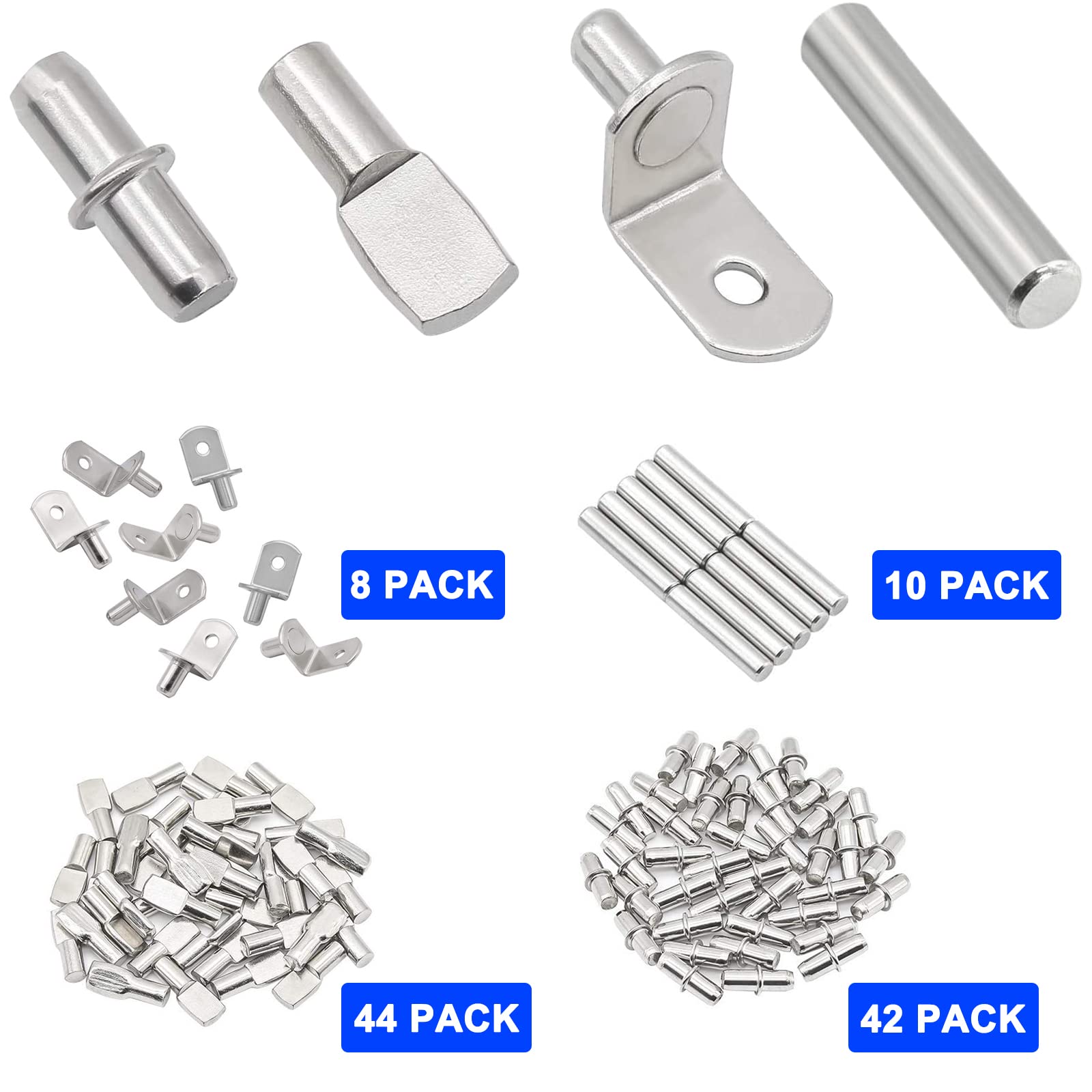 ADRERIC 104Pcs Shelf Pins Kit,4 Styles Nickel Plated Shelf Support Pegs,Bookshelf Pegs for Shelves