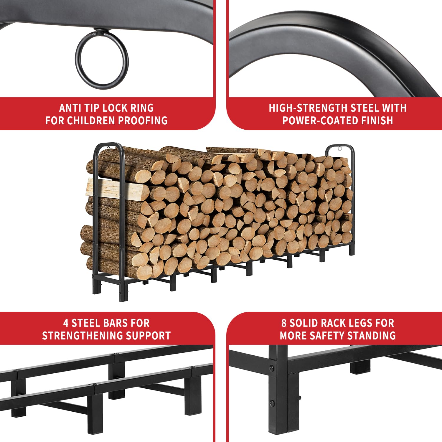 ADRERIC 8FT Firewood Rack Outdoor, Heavy Duty Adjustable Firewood log Storage & Holder