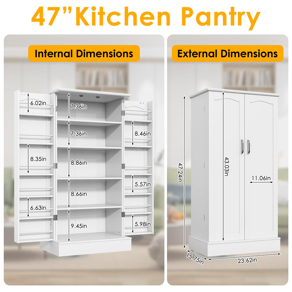 ADRERIC 47” Pantry Cabinet, Kitchen Pantry Storage Cabinet with Doors and Adjustable Shelves
