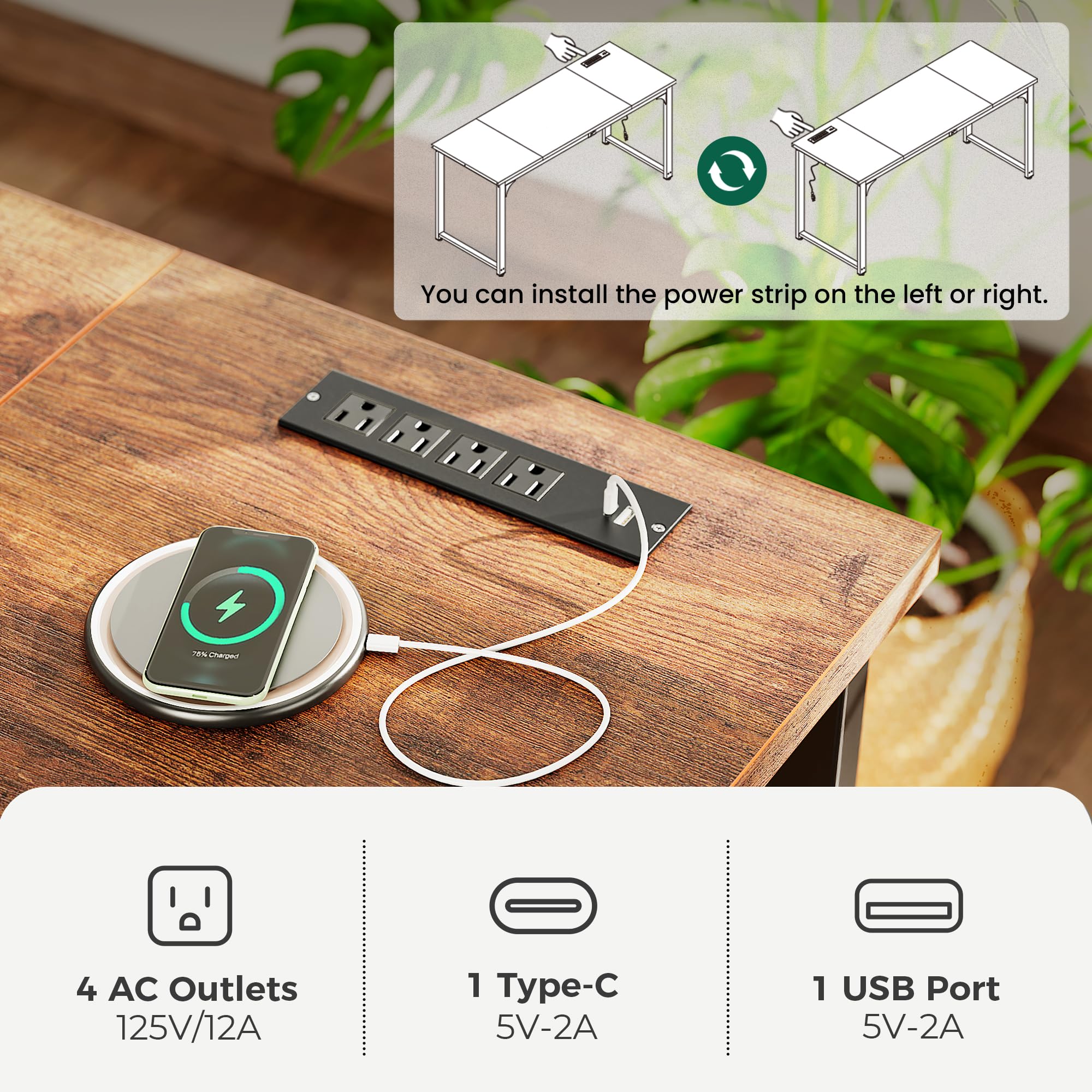 ADRERIC 63 x 24 inch Desk with Power Outlets & USB-C, Deeper & Thicker Desktop
