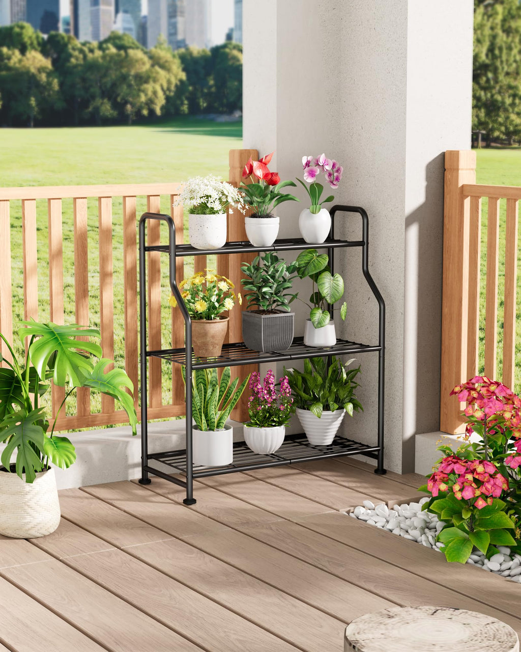ADRERIC Plant Stand Indoor & Outdoor - 3-Tier Metal Plant Shelf with Adjustable Leveling Feet