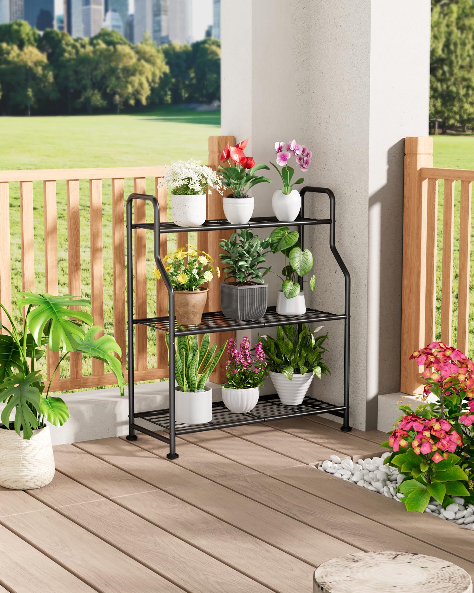 ADRERIC Plant Stand Indoor & Outdoor - 3-Tier Metal Plant Shelf with Adjustable Leveling Feet