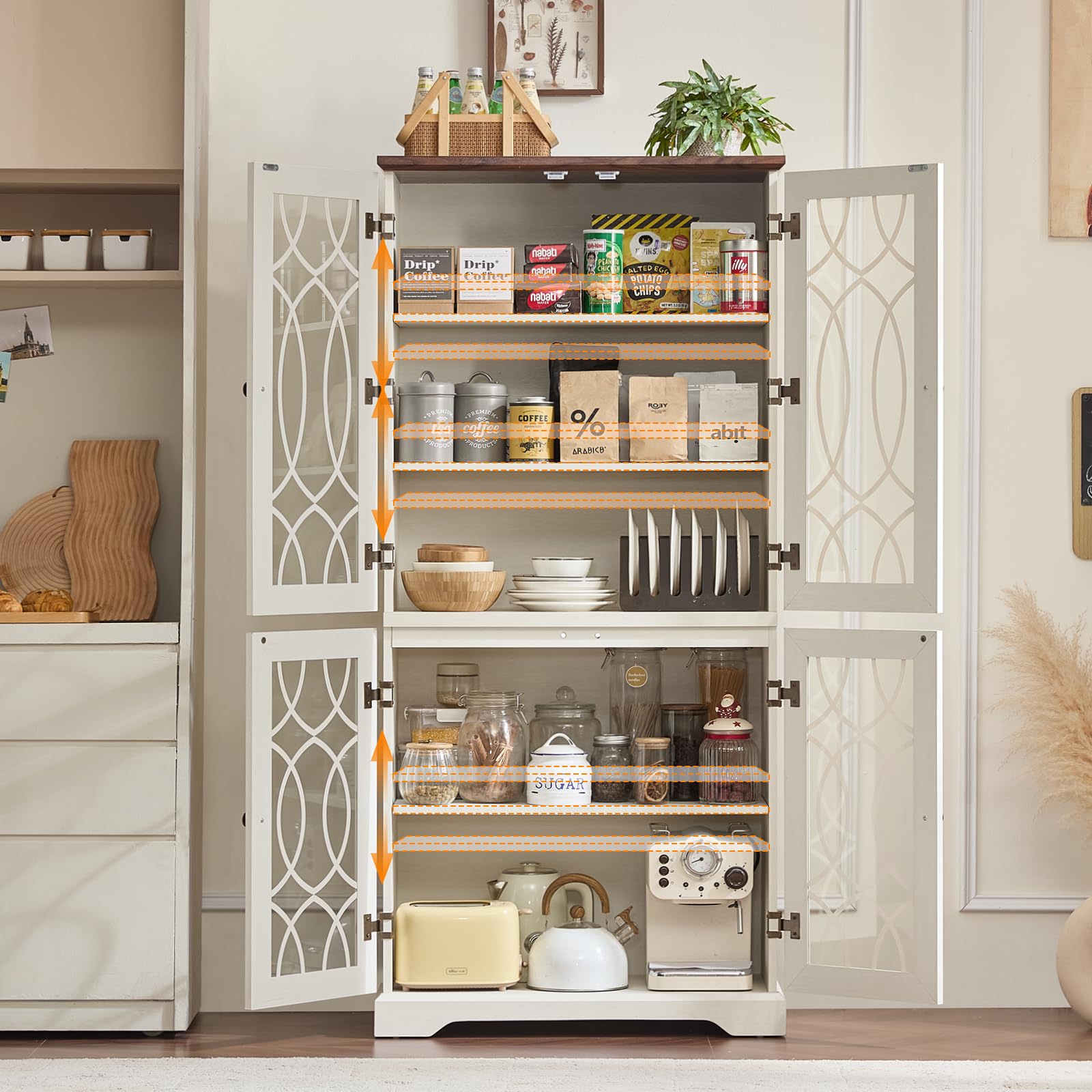 TEISURE 67" Tall Pantry Cabinet, Vintage Kitchen Pantries Cabinets with Glass Doors & Adjustable Shelves, Freestanding Wood Cupboard with Large Storage for Dingning Room,Bathroom,Antique White