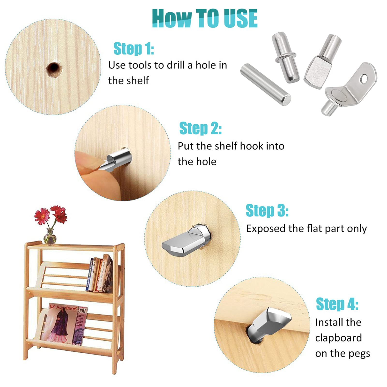 ADRERIC 104Pcs Shelf Pins Kit,4 Styles Nickel Plated Shelf Support Pegs,Bookshelf Pegs for Shelves