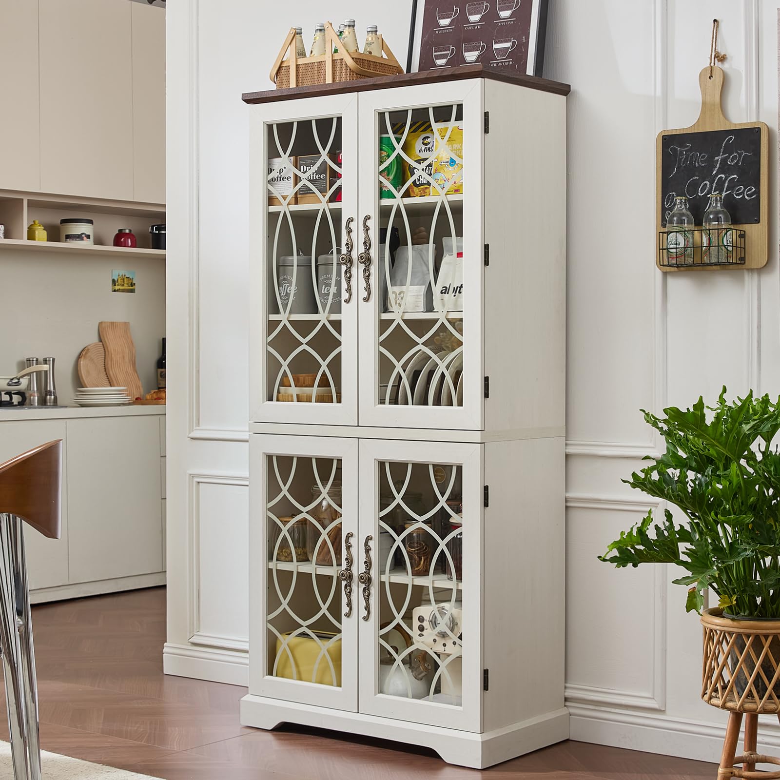 TEISURE 67" Tall Pantry Cabinet, Vintage Kitchen Pantries Cabinets with Glass Doors & Adjustable Shelves, Freestanding Wood Cupboard with Large Storage for Dingning Room,Bathroom,Antique White