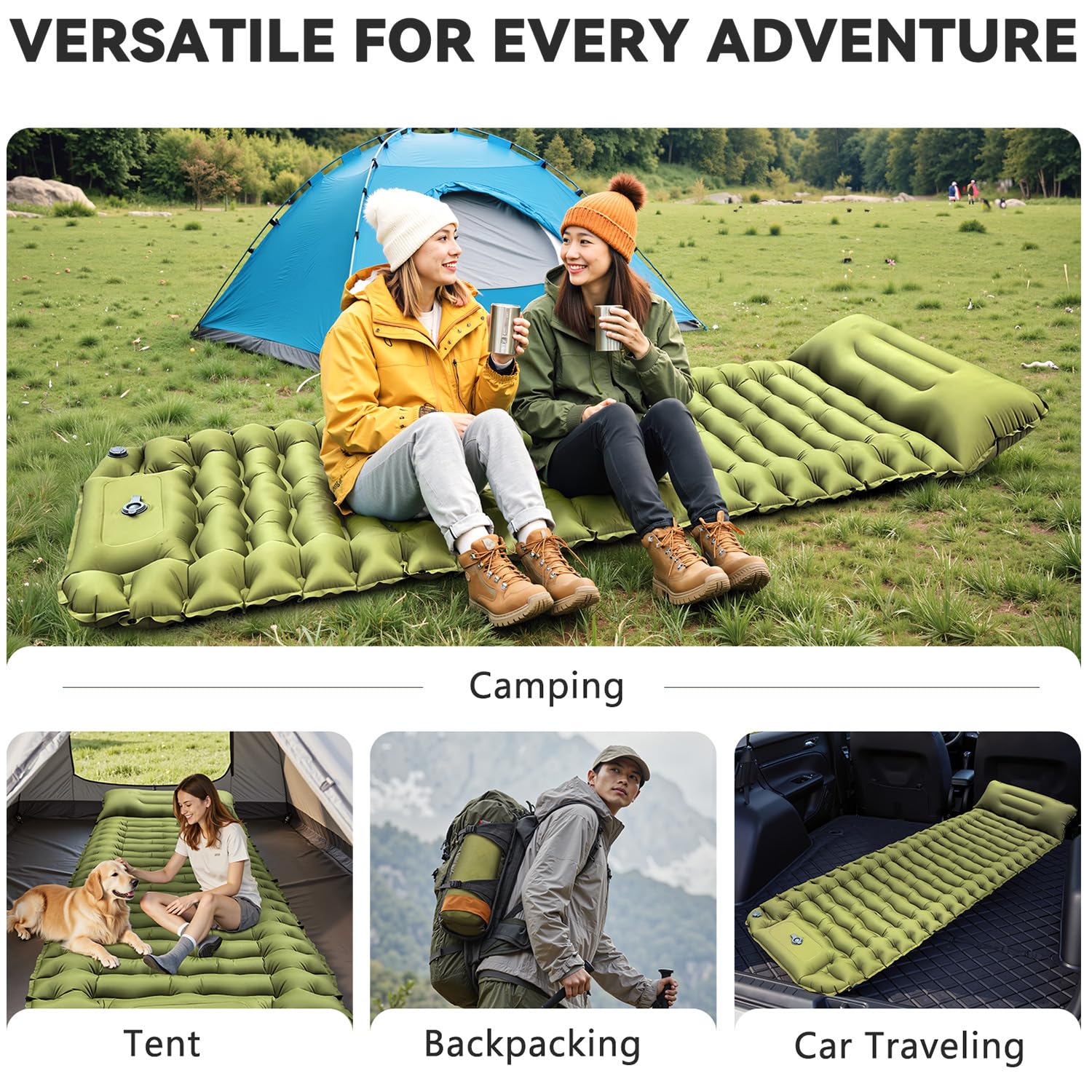 ADRERIC Sleeping Pad, Ultralight Inflatable Sleeping Pad for Camping with Pillow Built-in Foot Pump