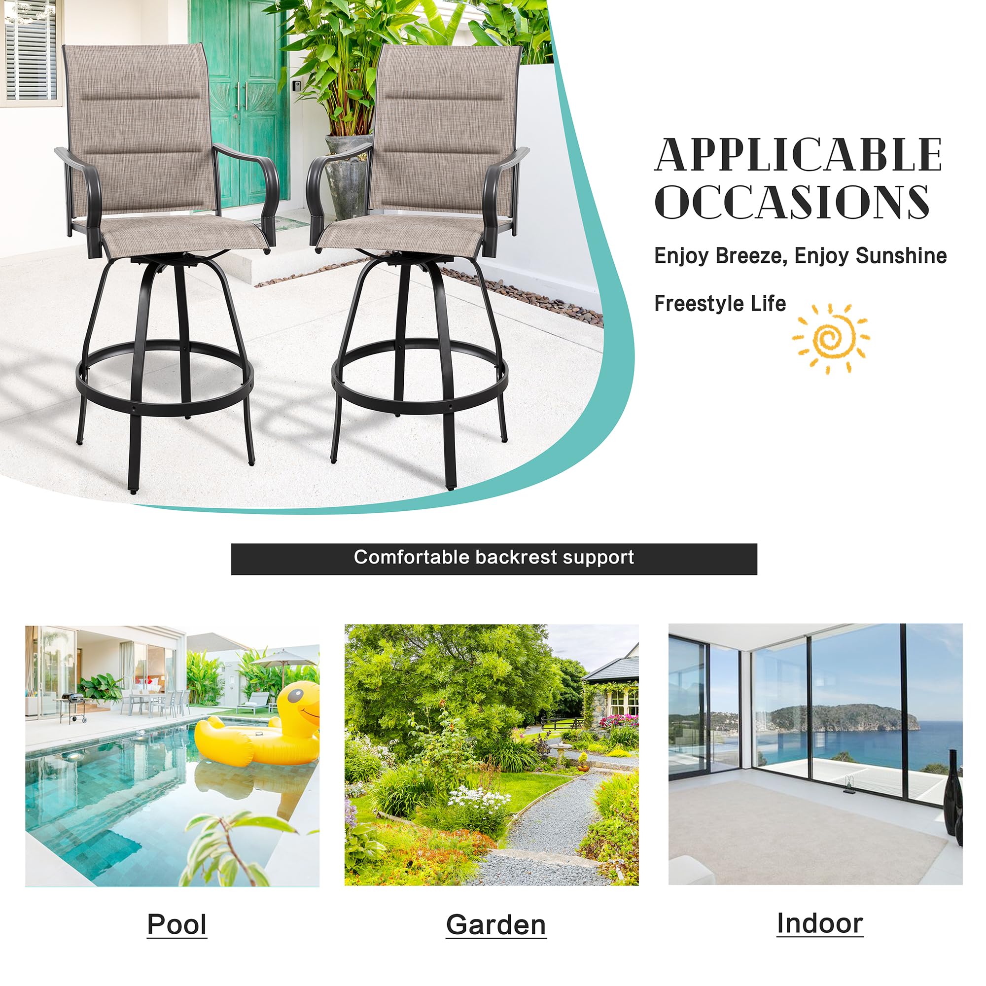 2pcs Patio Padded Bar Swival Chairs